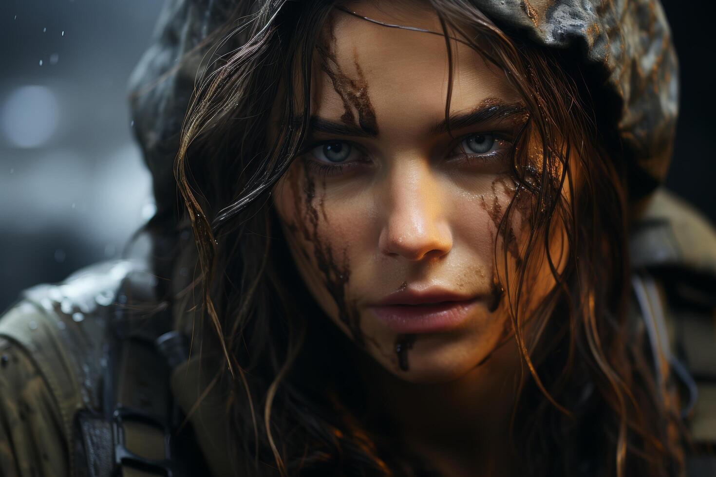 Intense gaze of a determined individual in the snow photo