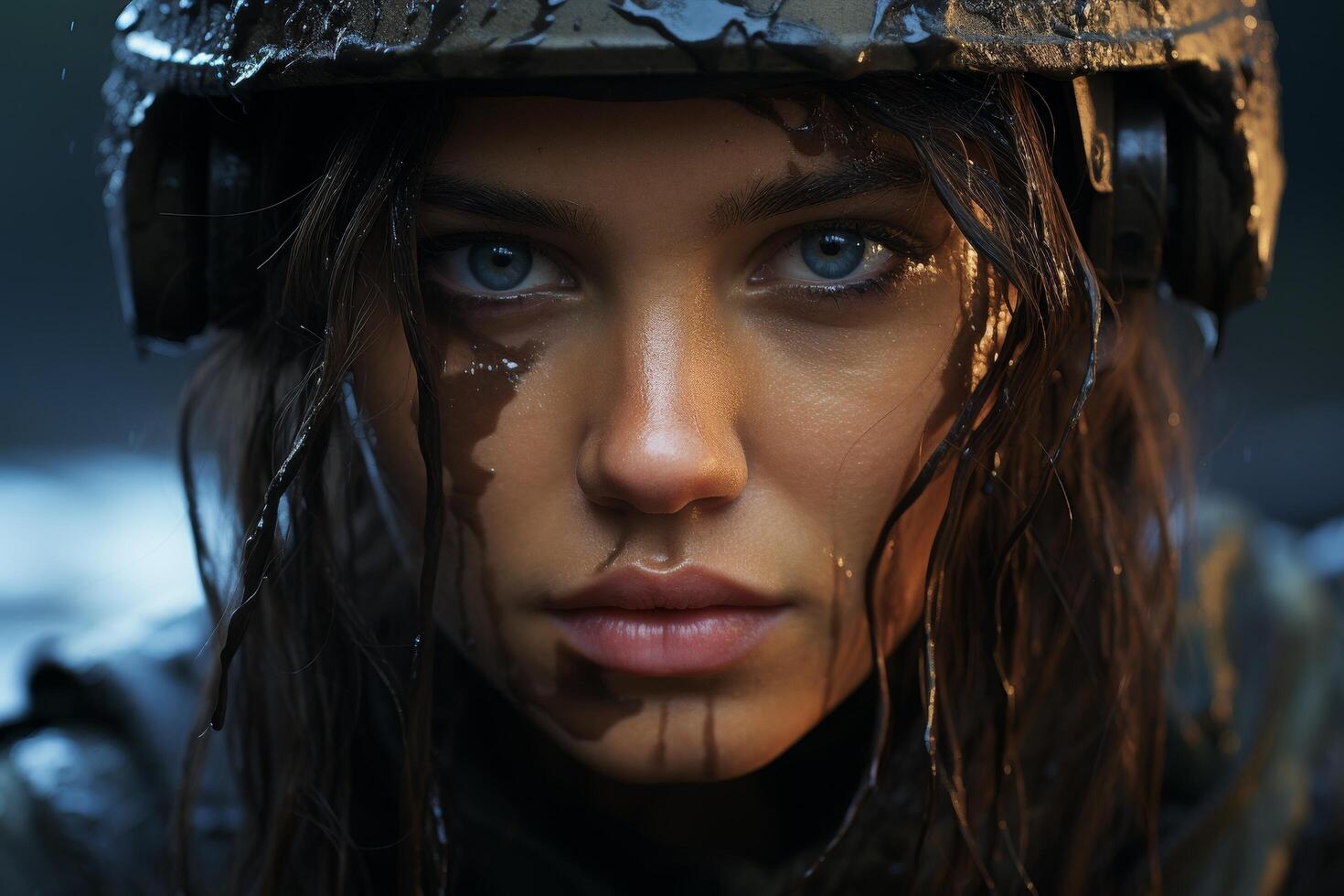 Intense gaze of a young woman with wet hair photo