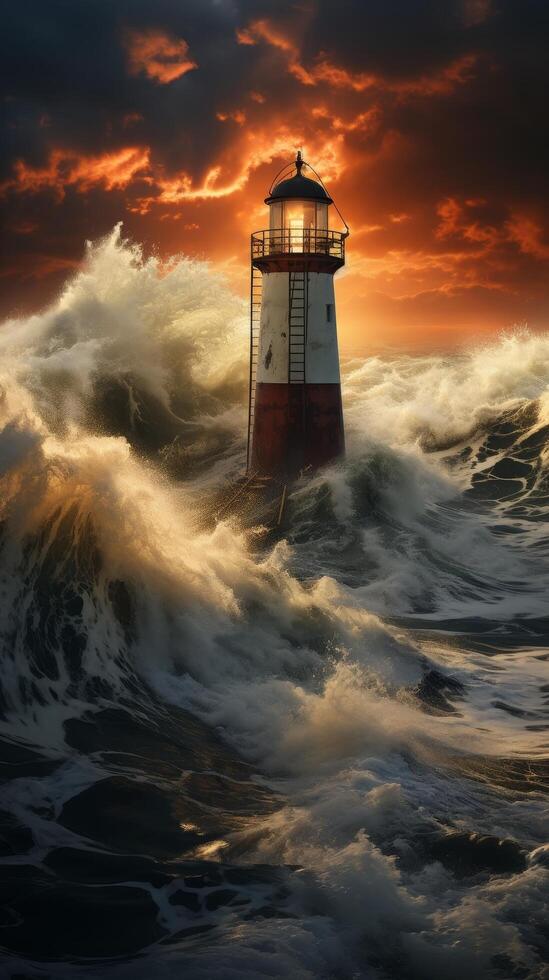 Dramatic lighthouse scene with crashing waves and fiery sky photo