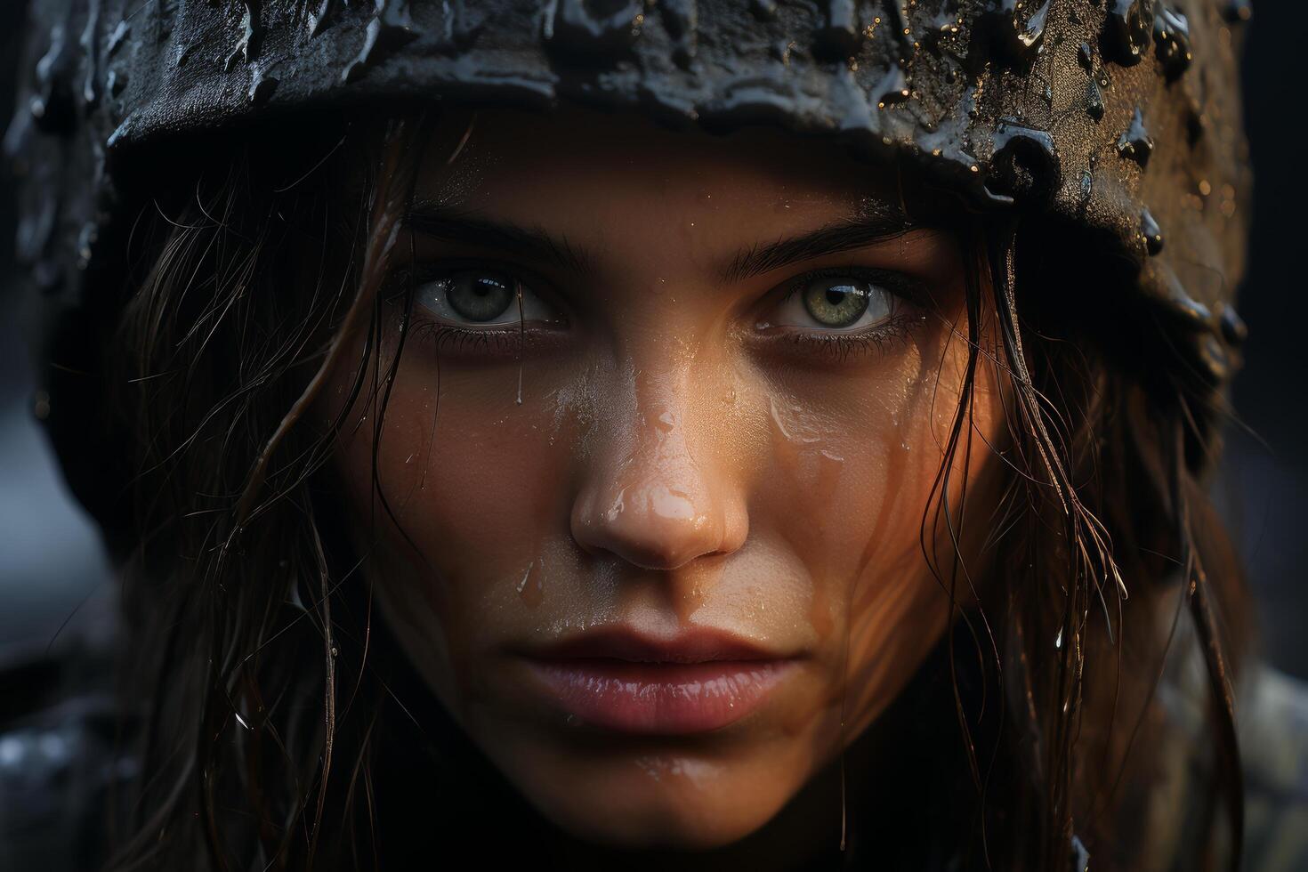 Close up portrait of a pensive young person with wet hair photo