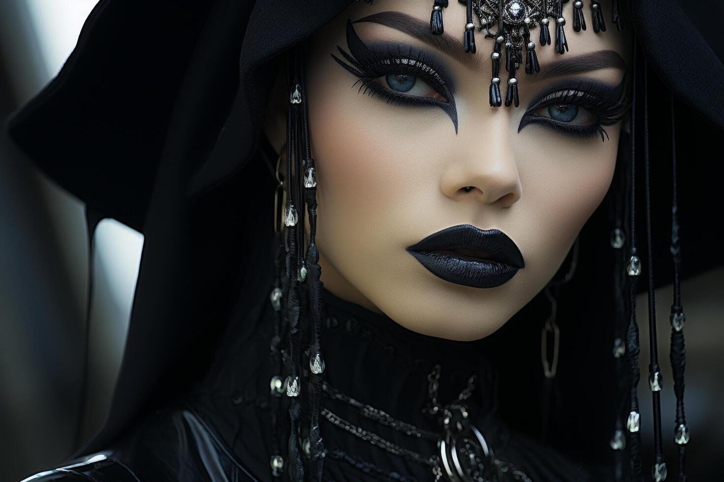 mysterious woman with dramatic makeup and jewelry photo