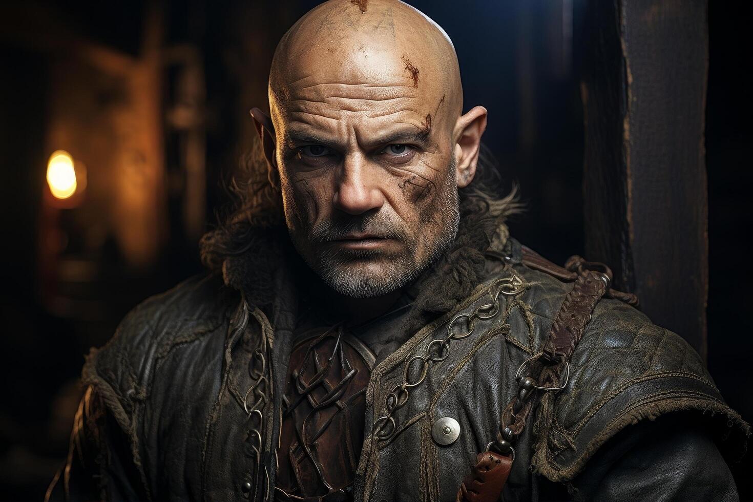 Rugged and weathered warrior with intense expression photo