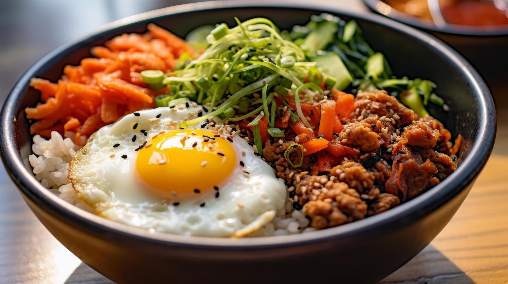 Delicious Korean bibimbap bowl with rice, vegetables, and a fried egg photo