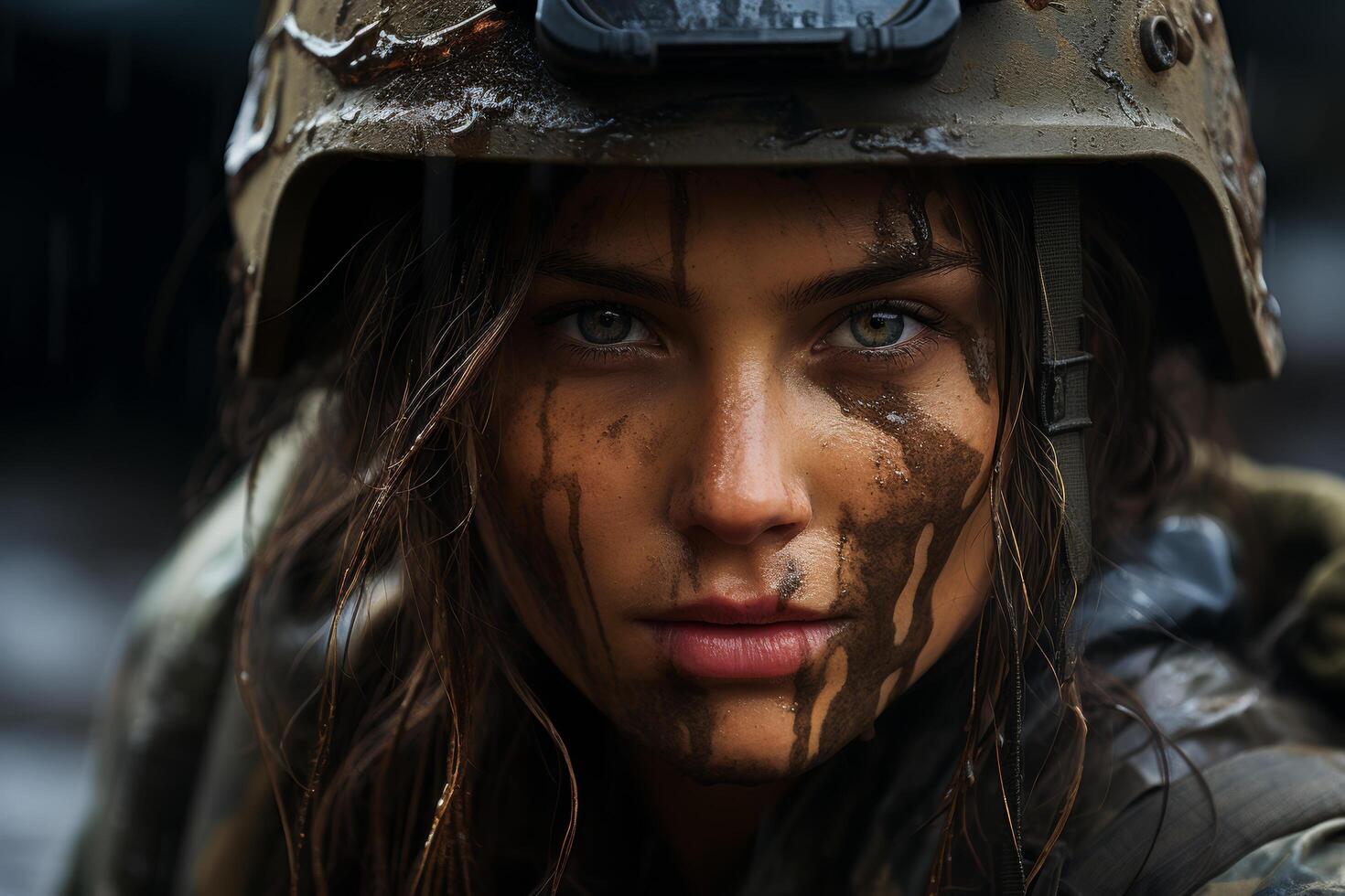 Determined soldier with mud covered face photo