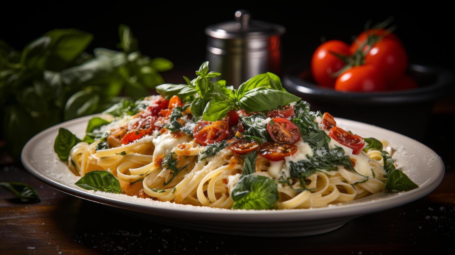 Delicious homemade pasta dish with tomatoes and fresh basil photo