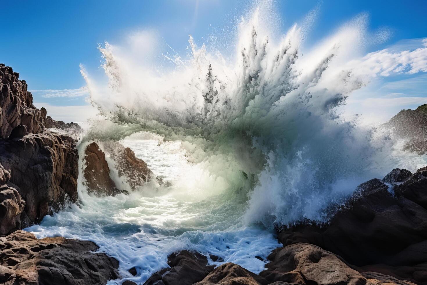 Powerful ocean wave crashing against rocky coastline photo