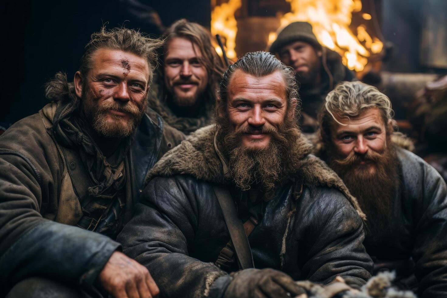 Rugged men with beards and weathered faces gathered around a campfire photo