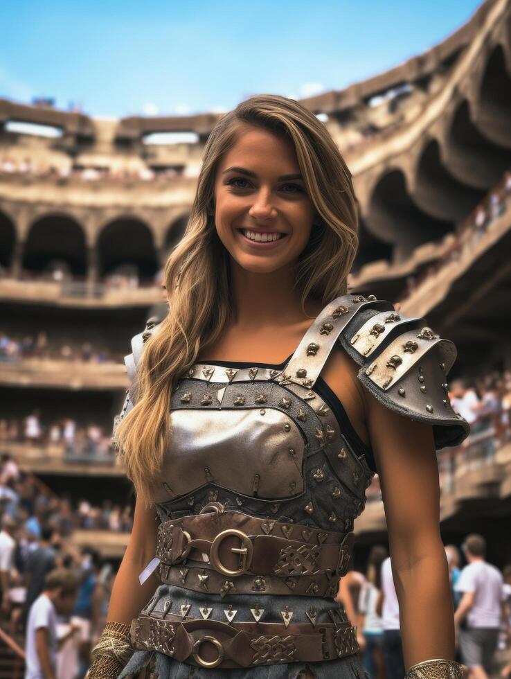 woman in ornate costume smiling at camera in colosseum photo