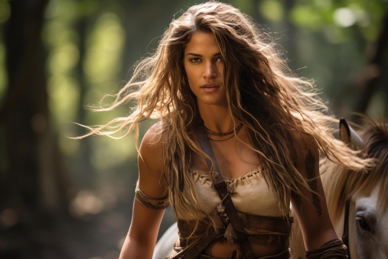 Fierce female warrior in the wilderness photo