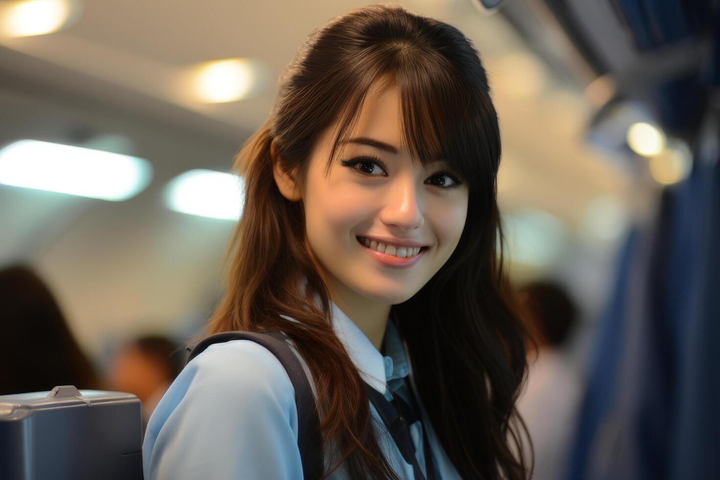 smiling woman in blue shirt photo
