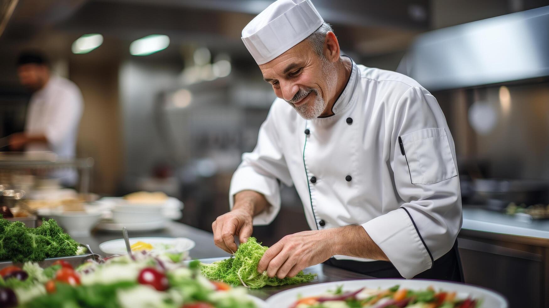 Smiling chef preparing fresh salad in restaurant kitchen photo