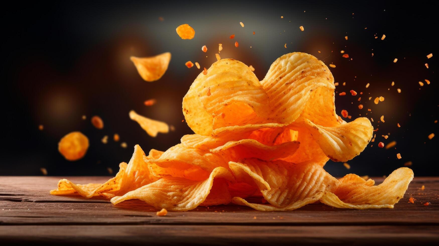 Explosion of crispy potato chips on wooden table photo