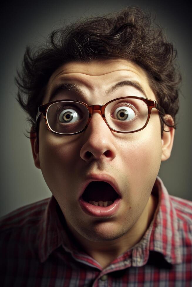 Surprised man with glasses making a funny face photo