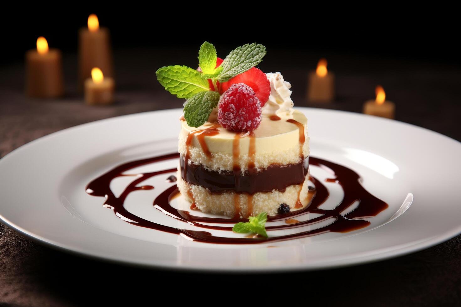 Decadent dessert with raspberry and mint garnish photo