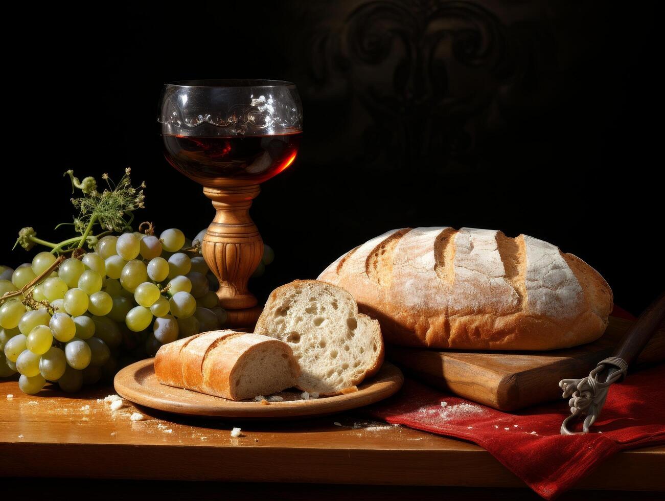 Still life with bread, grapes, and wine photo