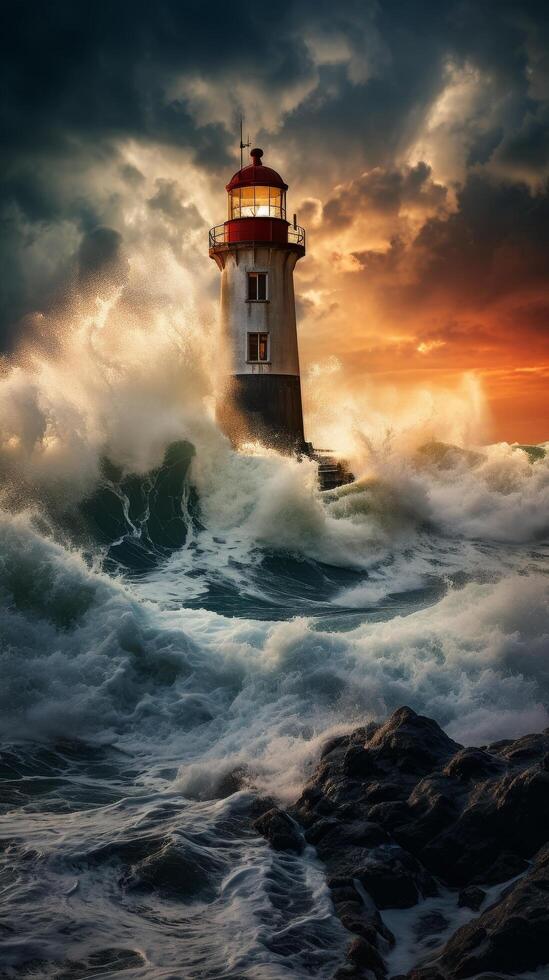 Dramatic lighthouse scene with crashing waves photo