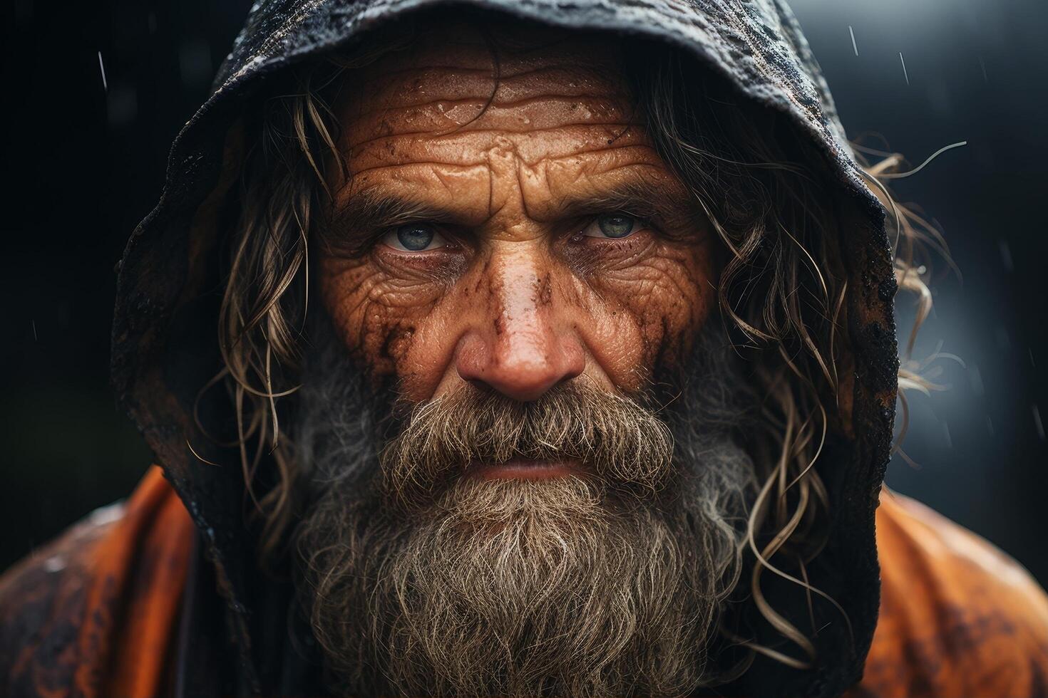 Weathered face of an elderly man with a long beard photo