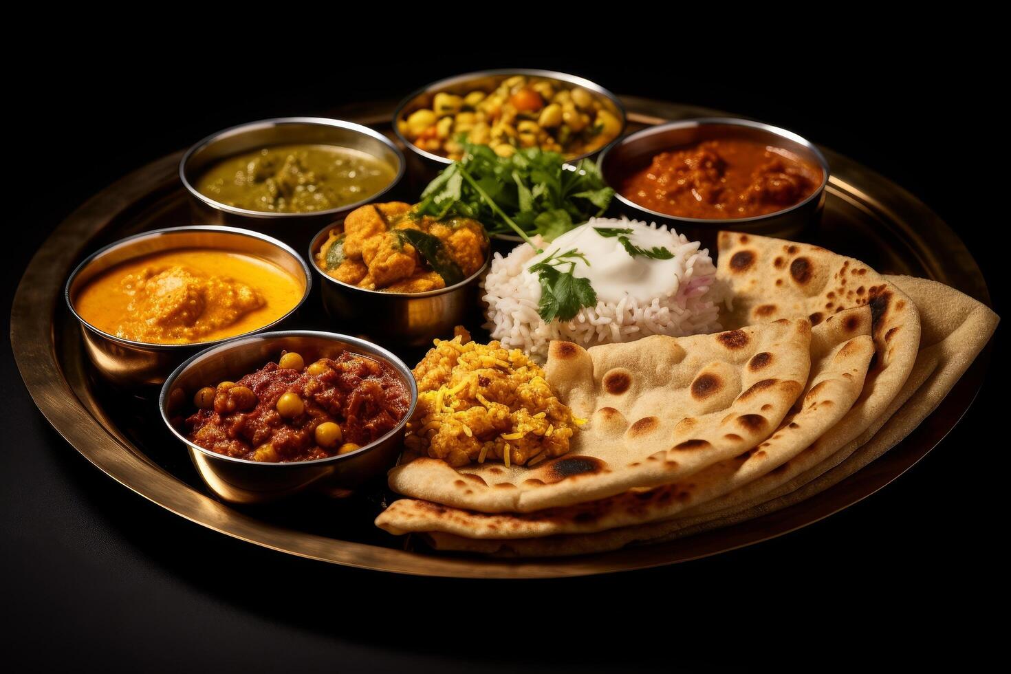 Assortment of traditional indian dishes on a platter photo