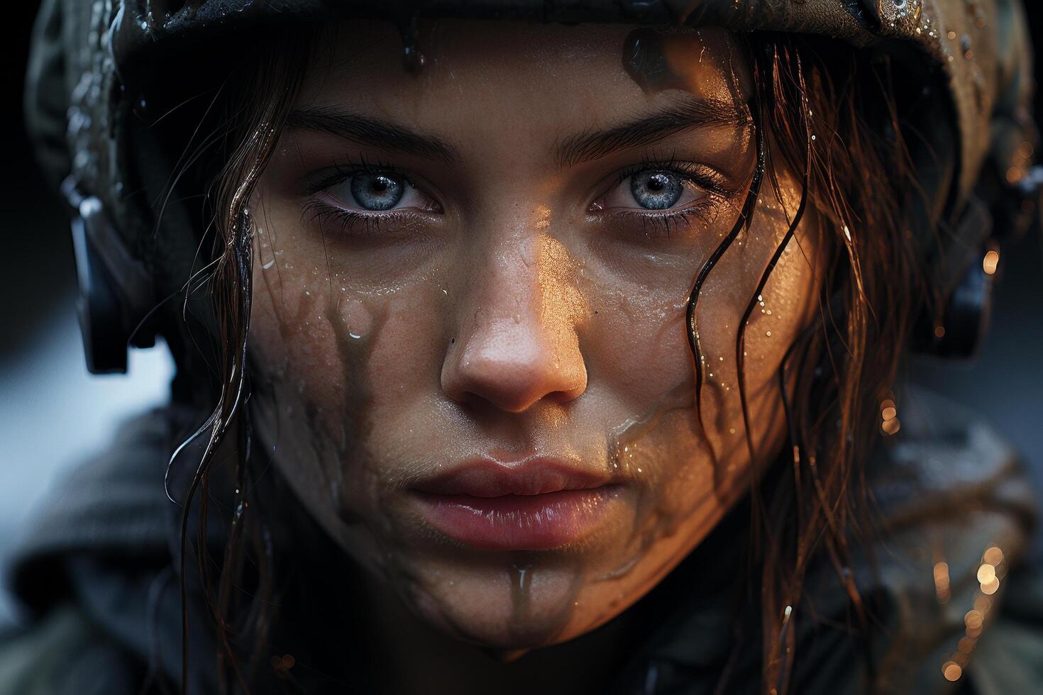 Closeup portrait of a young woman with intense blue eyes and wet hair photo