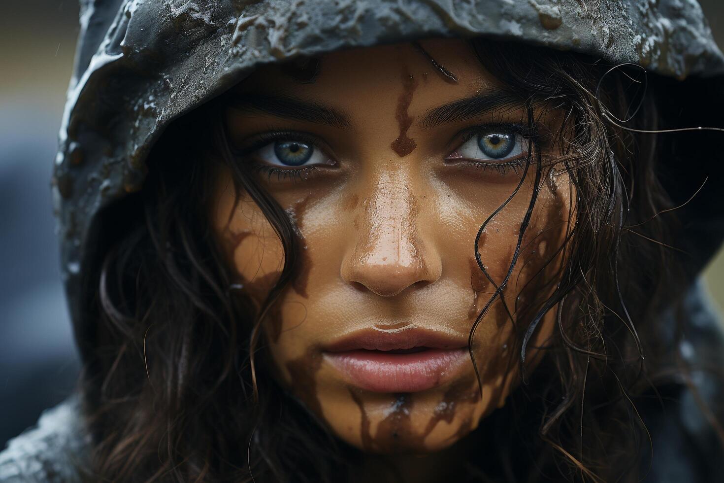 Dramatic portrait of a woman with intense blue eyes photo