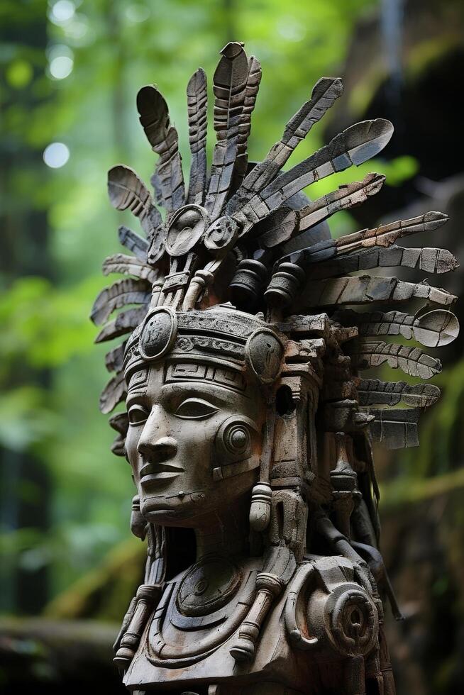 Intricate Mayan stone sculpture in lush green forest photo