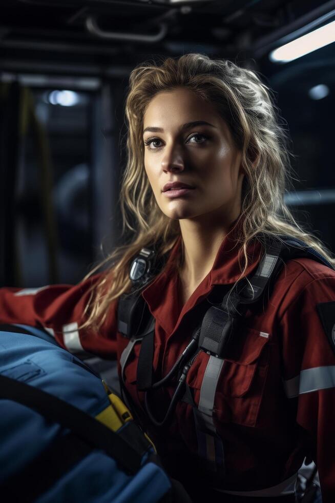 Determined rescue worker in red uniform photo