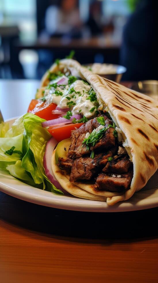Delicious grilled meat wrap with fresh vegetables photo