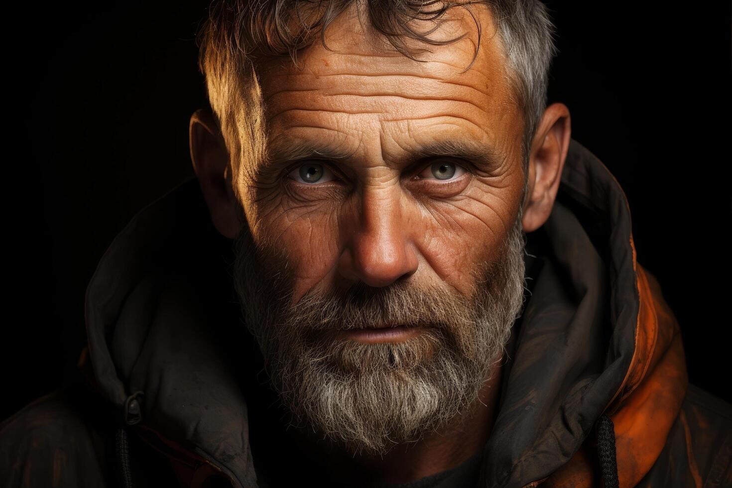 Rugged and weathered face of an older man with a beard photo