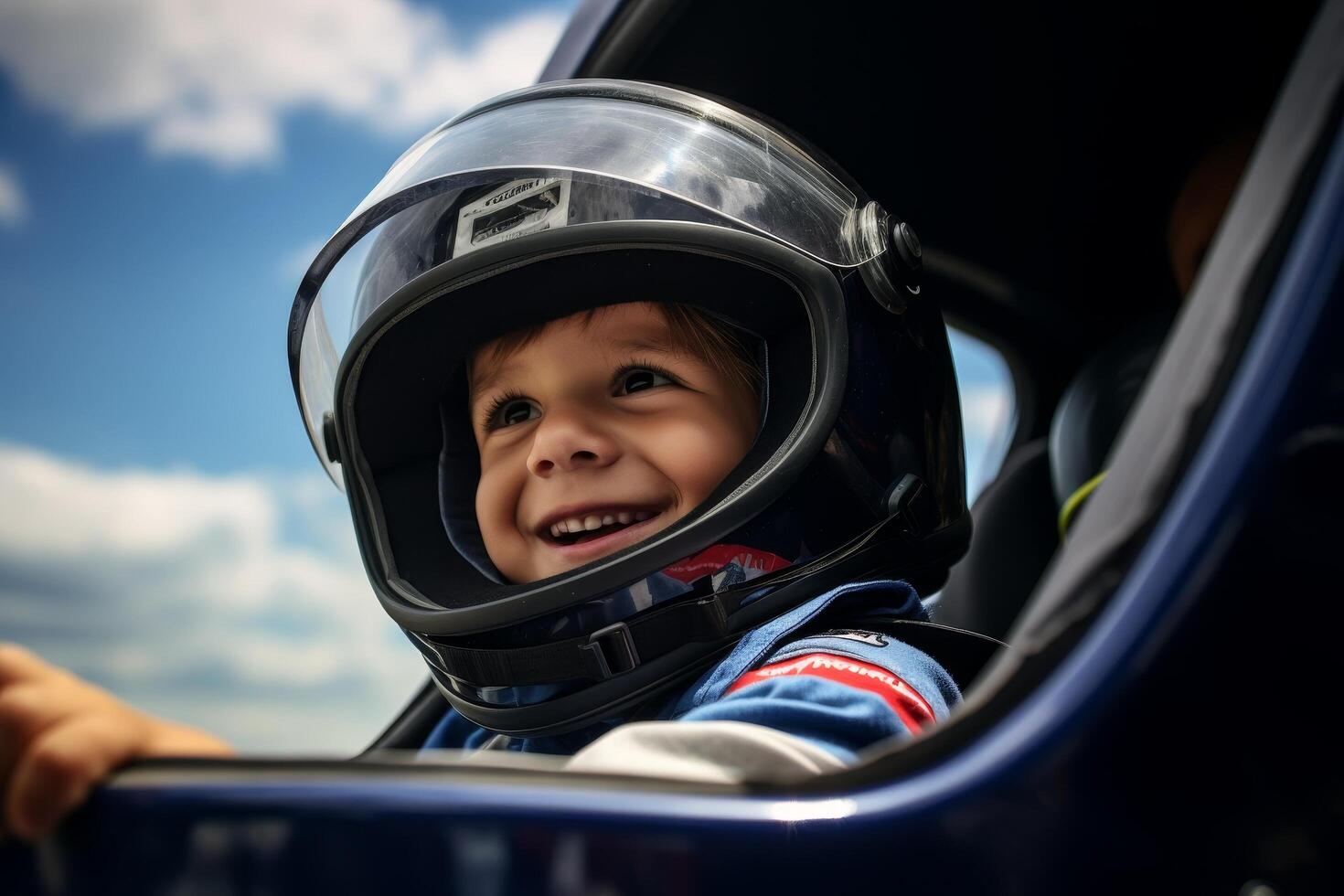 smiling child in astronaut helmet photo