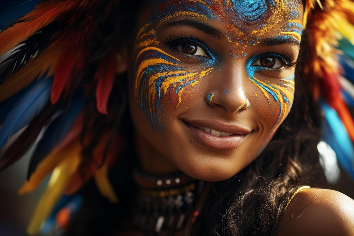 Vibrant face paint and feathers on smiling woman photo