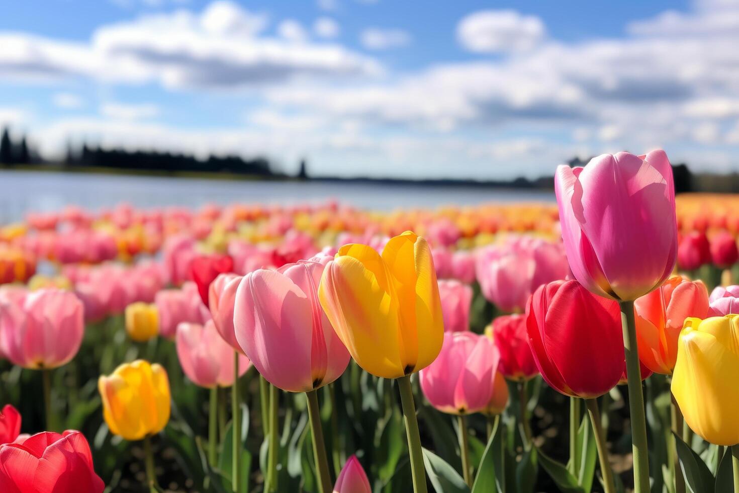 Vibrant tulips blooming in a field by a lake photo