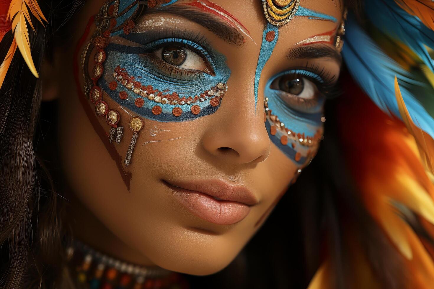 close up of a womans face with intricate makeup and jewelry photo