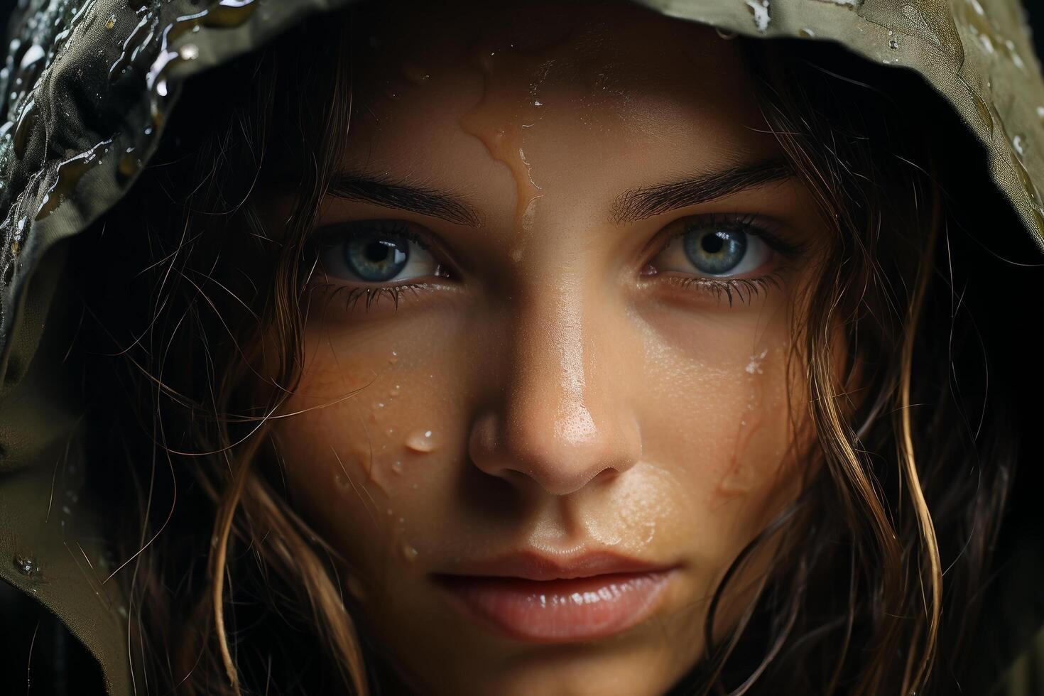 Pensive young woman with wet hair and intense gaze photo