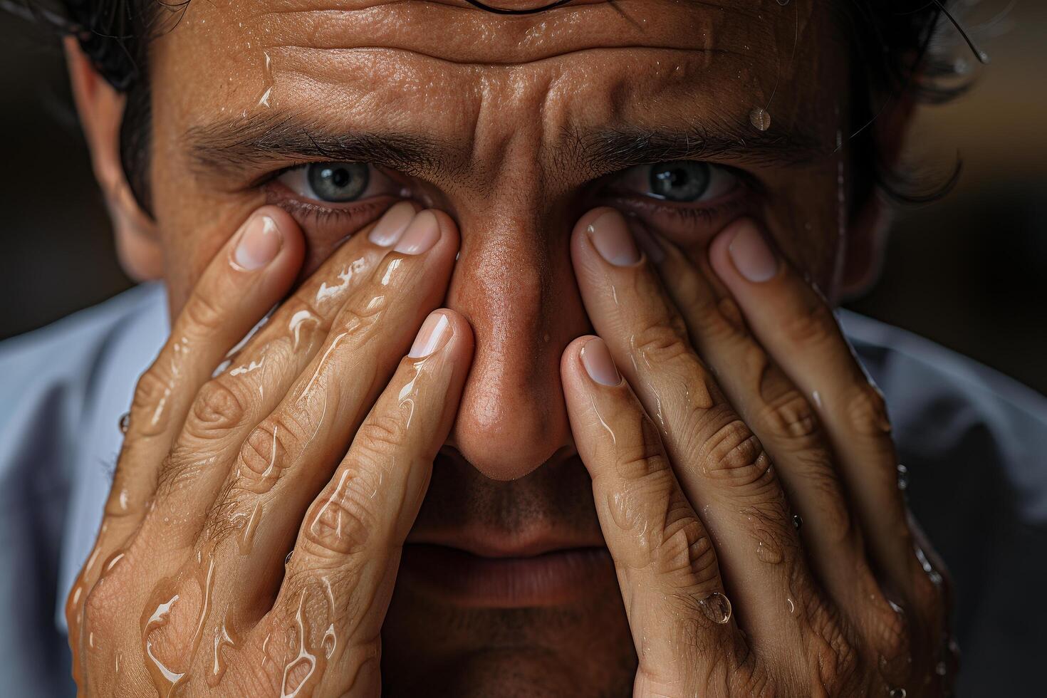 close up of a persons face with hands covering eyes photo