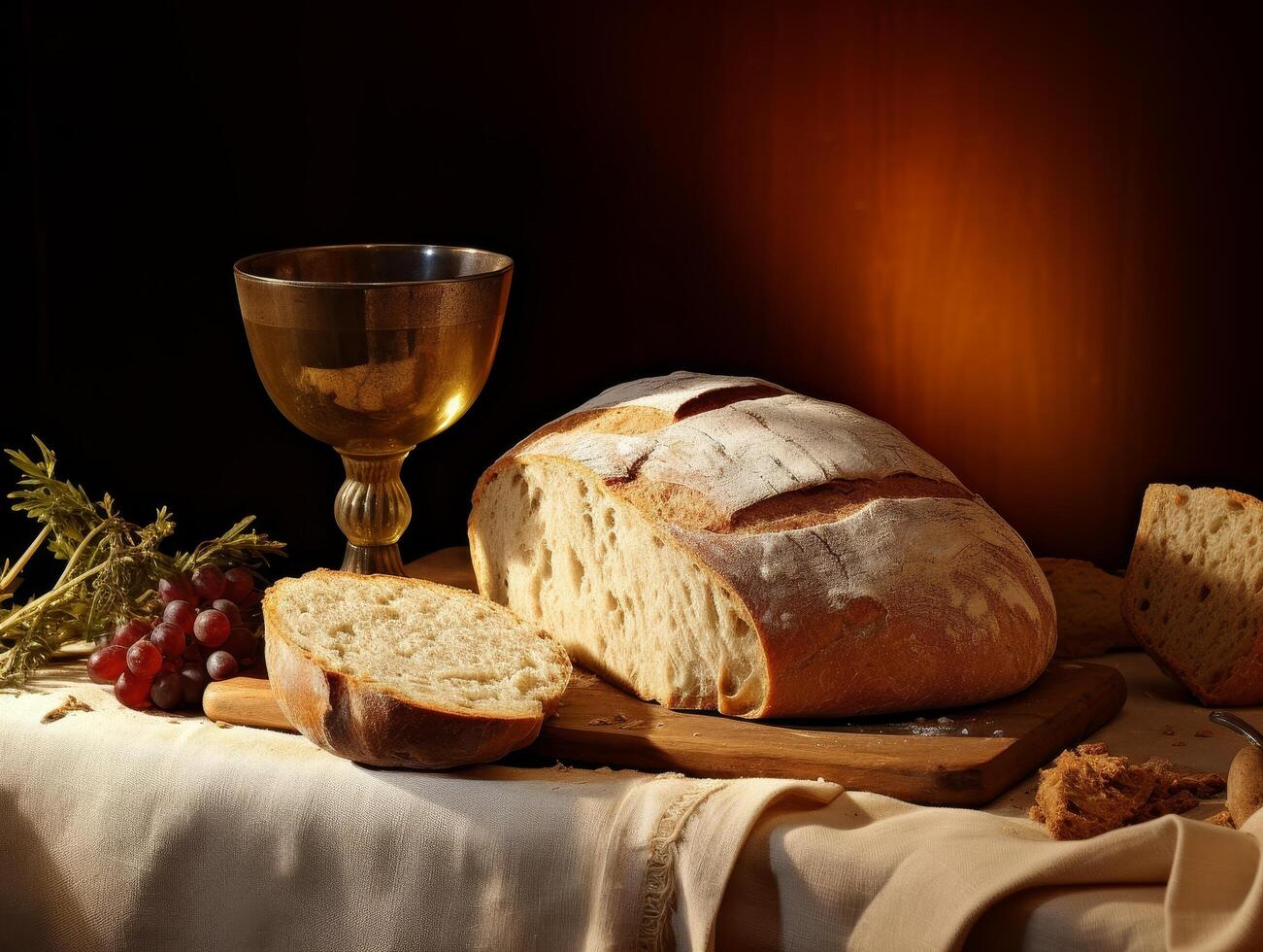 Freshly baked bread and wine on a table photo