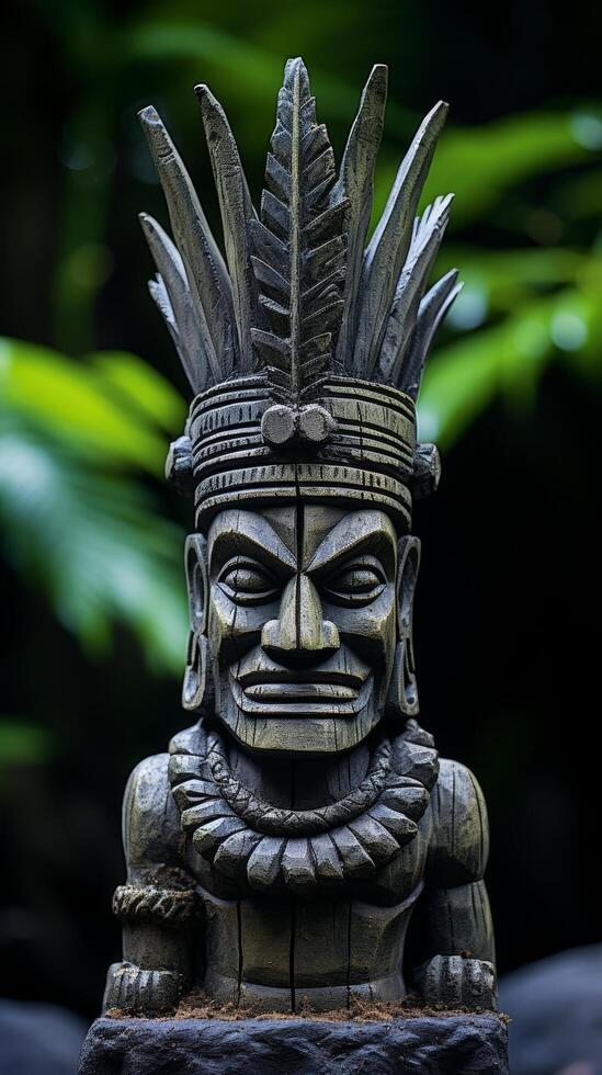 Detailed carved wooden totem pole with tribal patterns and fierce expression photo