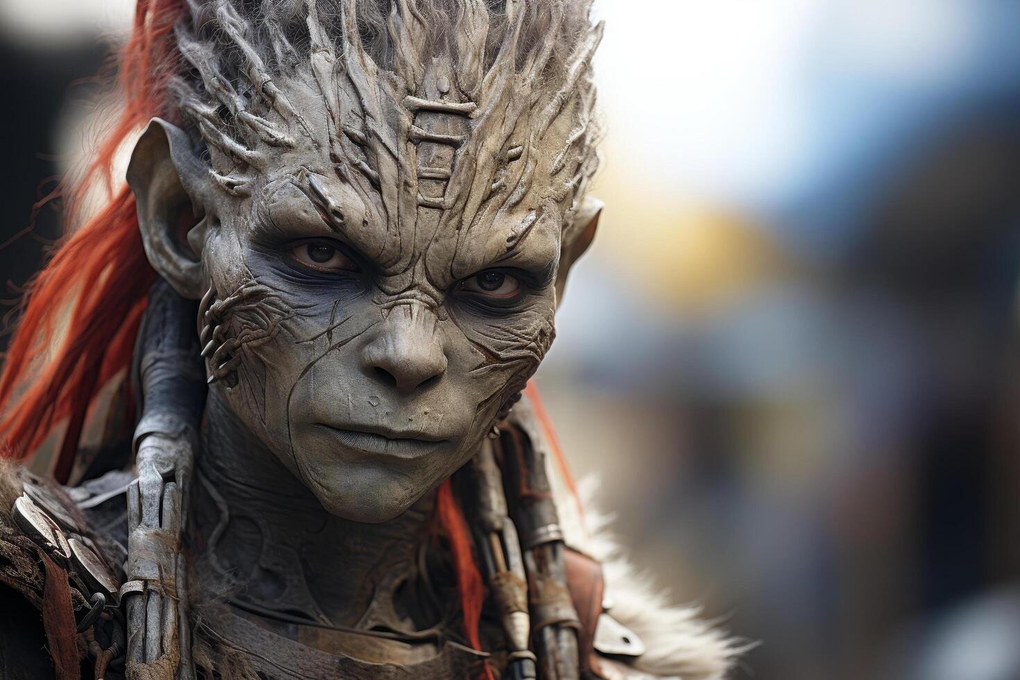 Alien warrior with red hair and intricate facial features photo