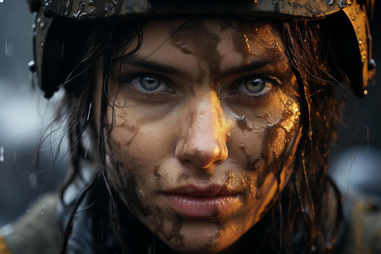 Intense gaze of a determined person in the snow photo