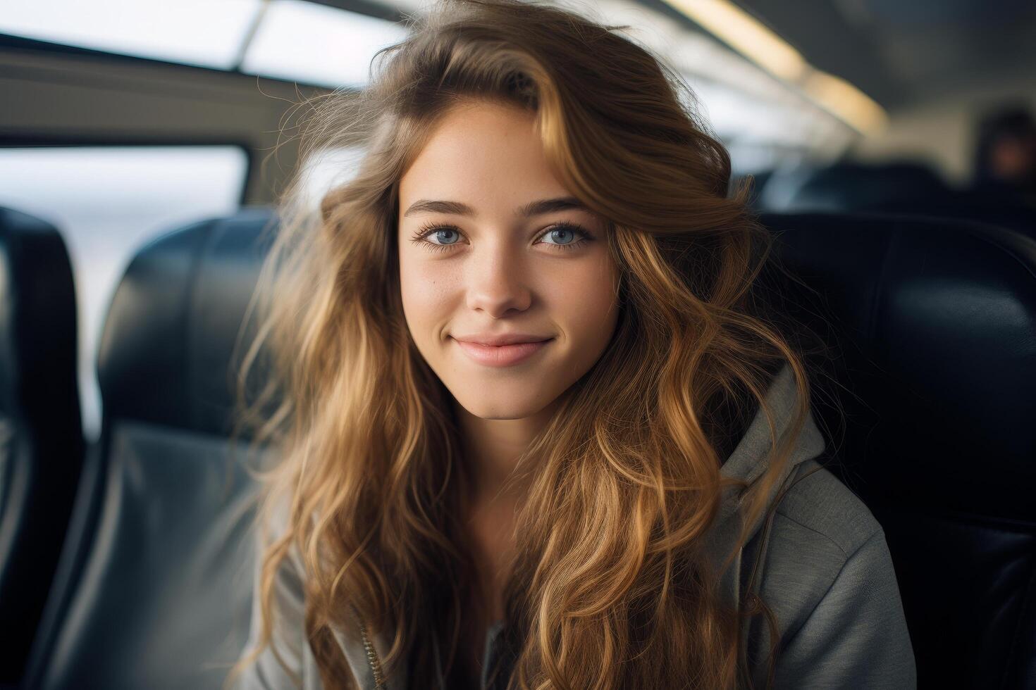 young woman with long wavy hair smiling in car photo