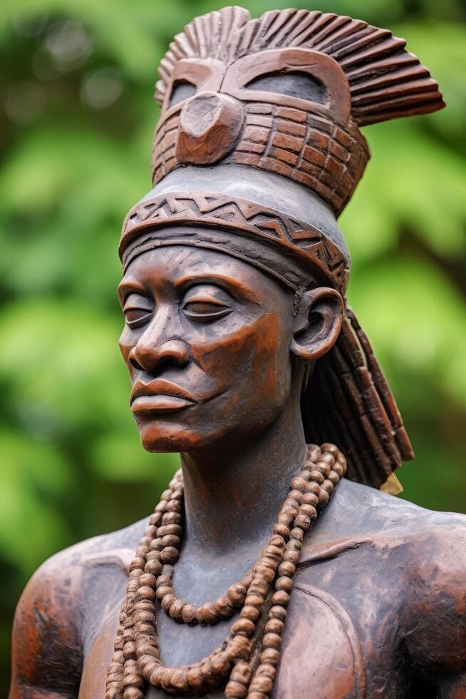Detailed wooden tribal statue with intricate patterns and beaded necklace photo