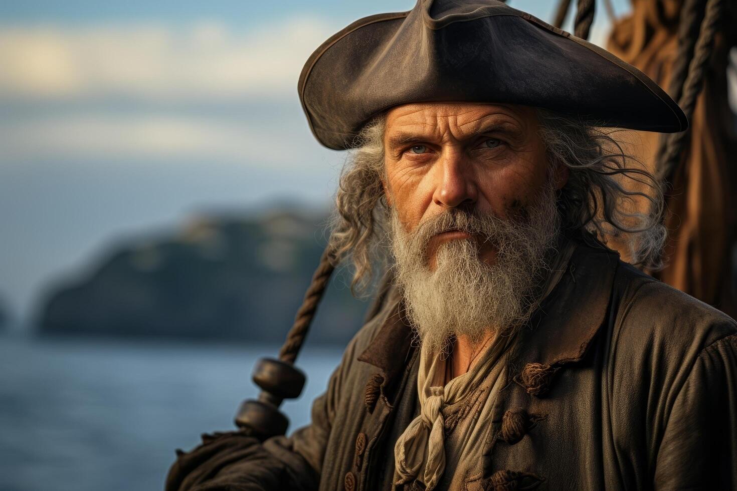 Rugged bearded man in pirate costume on coastal background photo