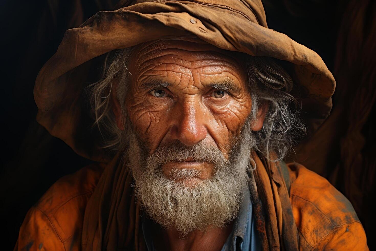 Weathered face of an elderly man with a long beard and turban photo
