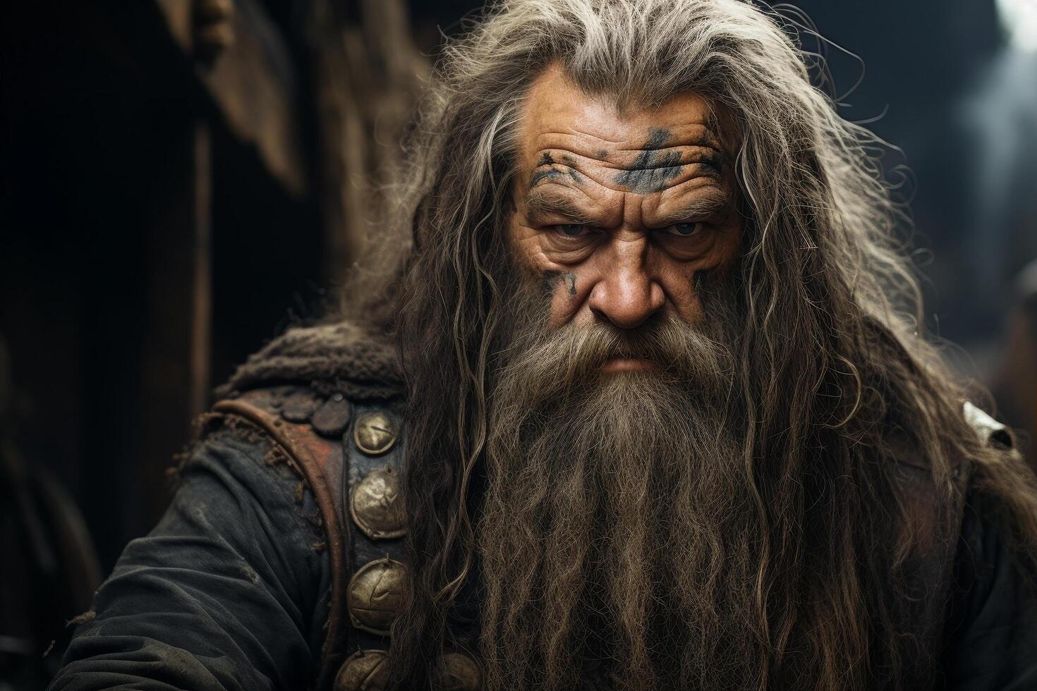 Weathered old man with long gray beard and intense gaze photo