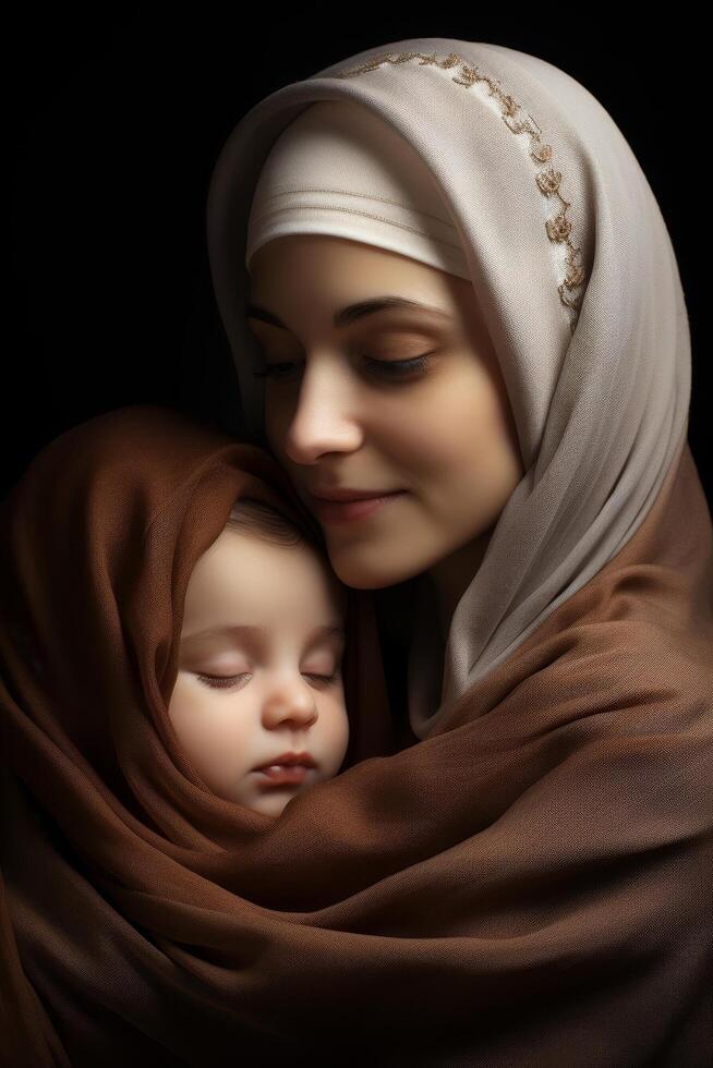 mother and child in traditional islamic clothing photo