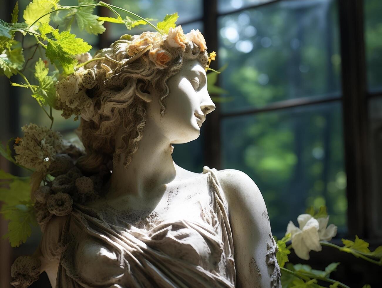 Serene garden statue with floral crown photo