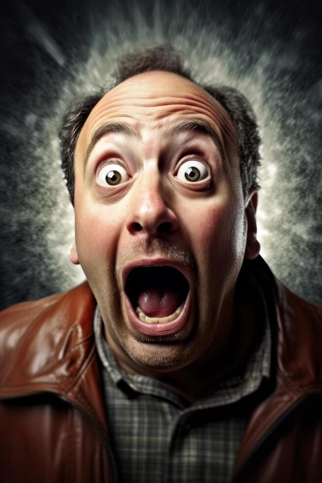 Shocked man with wide eyes and open mouth photo