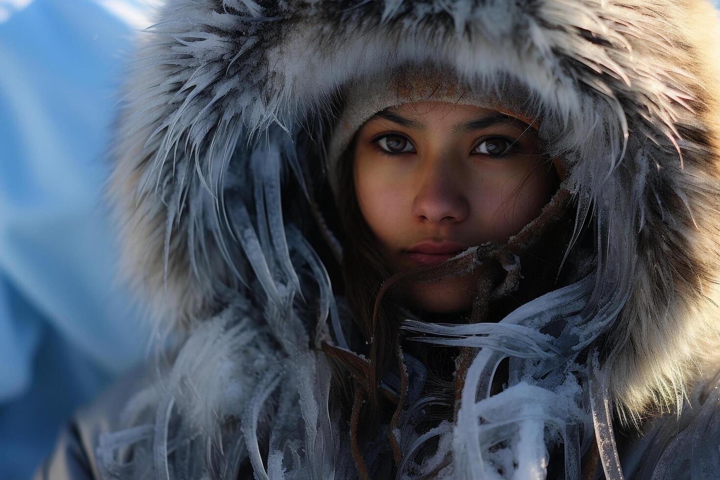 person in warm winter clothing with fur lined hood photo