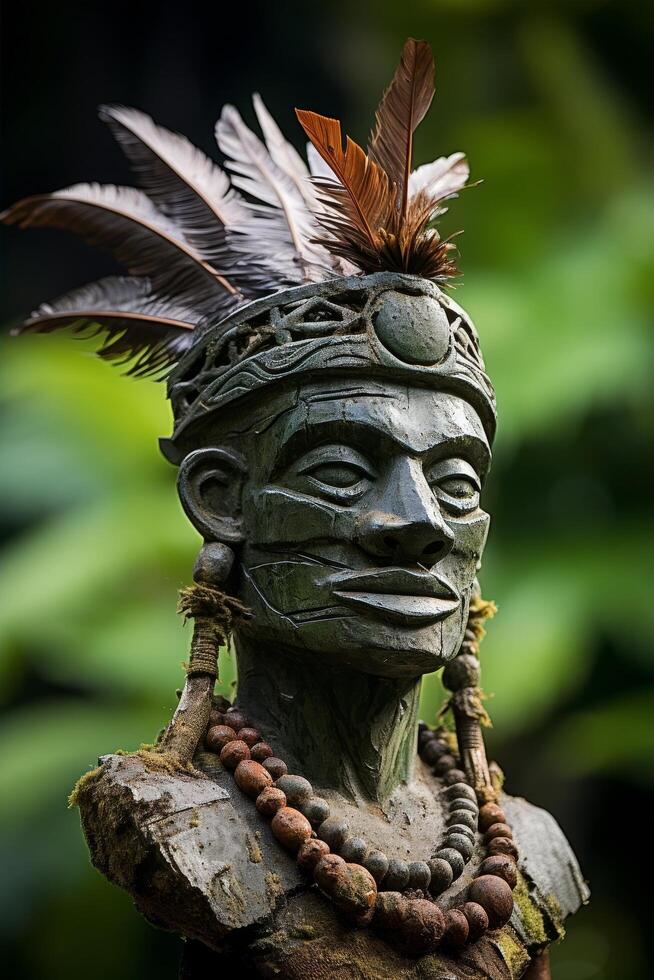 Carved tribal mask with feathers and beads photo