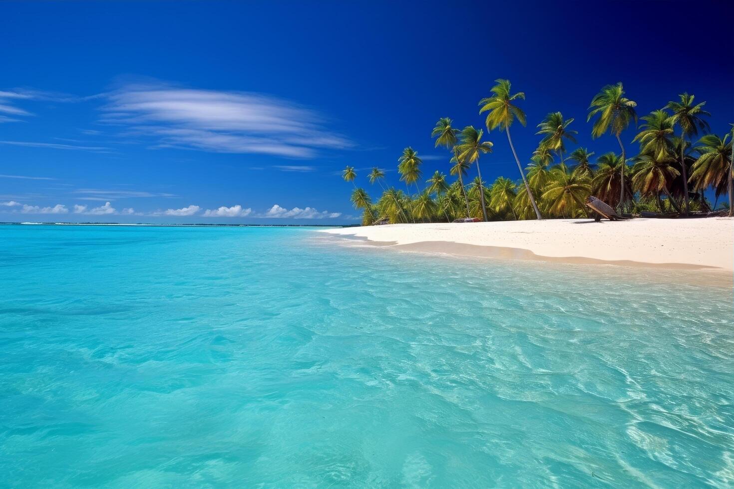 Tropical beach paradise with palm trees and turquoise waters photo