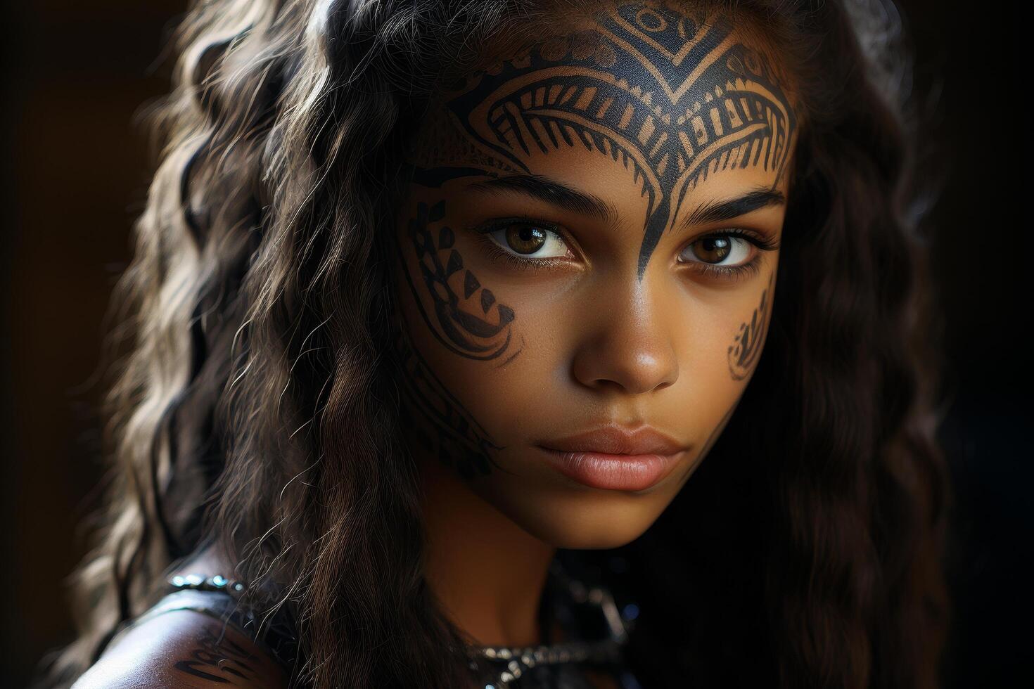 Mysterious woman with tribal face paint photo